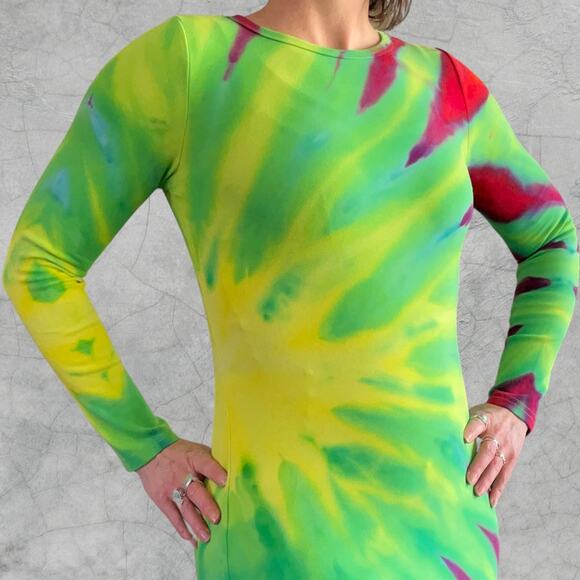 Ice Dyed Long-sleeve Dress - Tie Dye Hippie Boho Drippy Rainbow (Women's Medium) - Picture 2 of 10